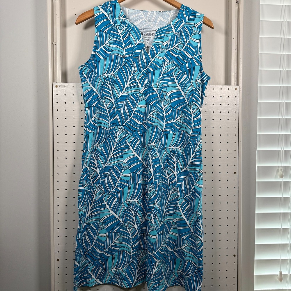 Coolibar Oceanside Tank Dress Women Blue White Leaf Print Sun Protection - Small